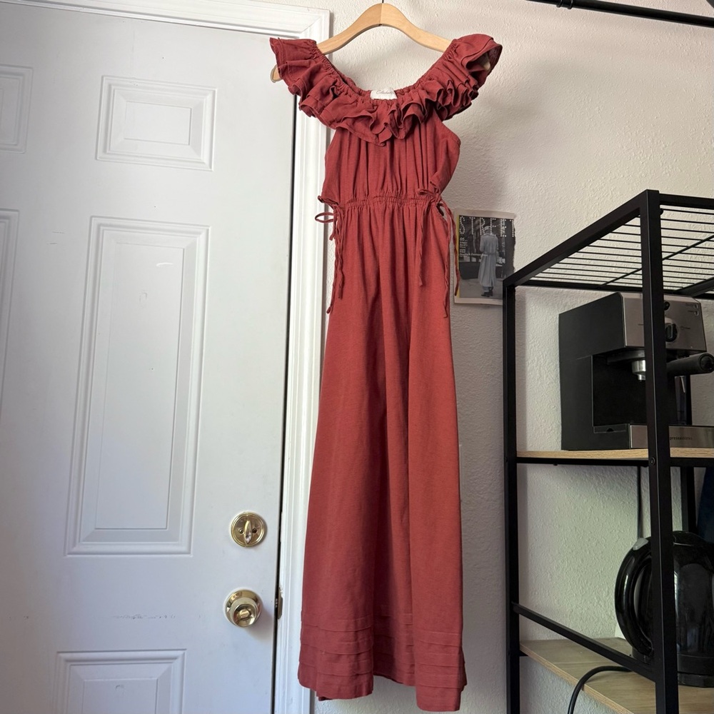 CLEOBELLA rust red cotton linen cutout off‎ shoulder ruffle midi dress